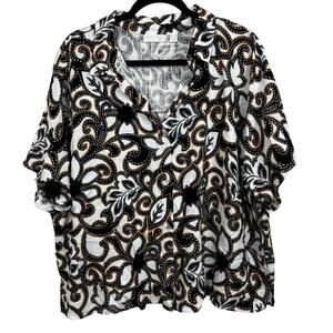 Susan Graver PURE Printed Linen Blend Elbow Sleeve Camp Shirt Black Tan Size 1X